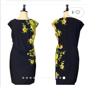Fitted black dress with yellow floral side print from Jones Studio.